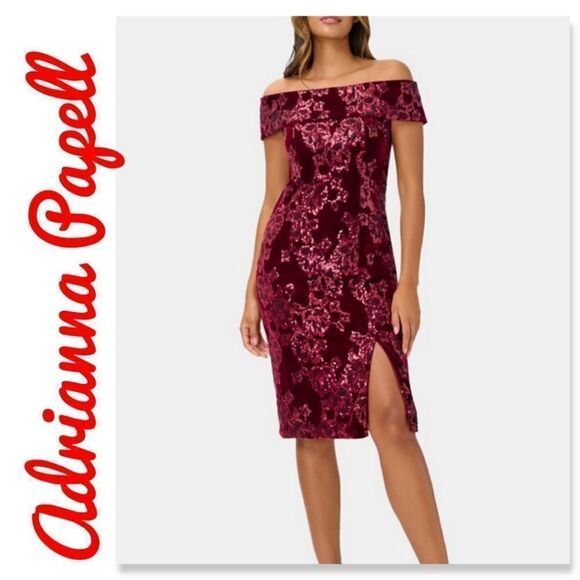 NWT Adrianna Papell Velvet Sequin Sheath Dress in Garnet - Picture 1 of 13